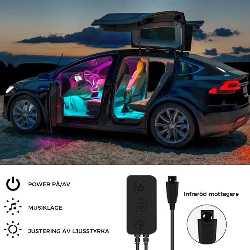 "Flerfärgat LED-bilstripljus för bilinteriör, reagerar på musikrytmer och ger stämningsfull atmosfär."