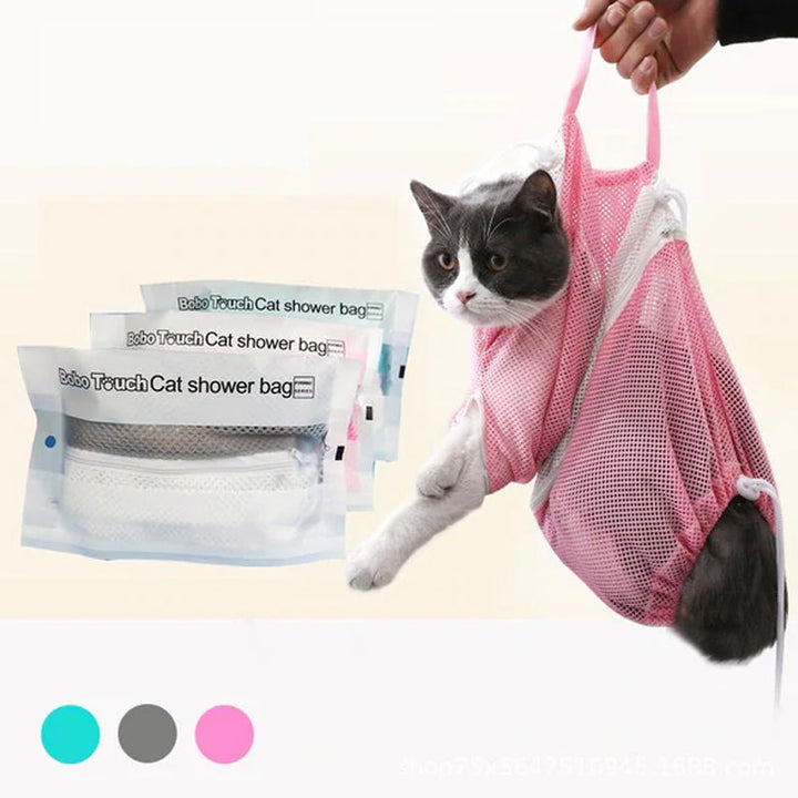 "Flerfunktions badvårdsväska för husdjur, reptåligt nätmaterial, kattbadväska med dragsnören för säker fixering."