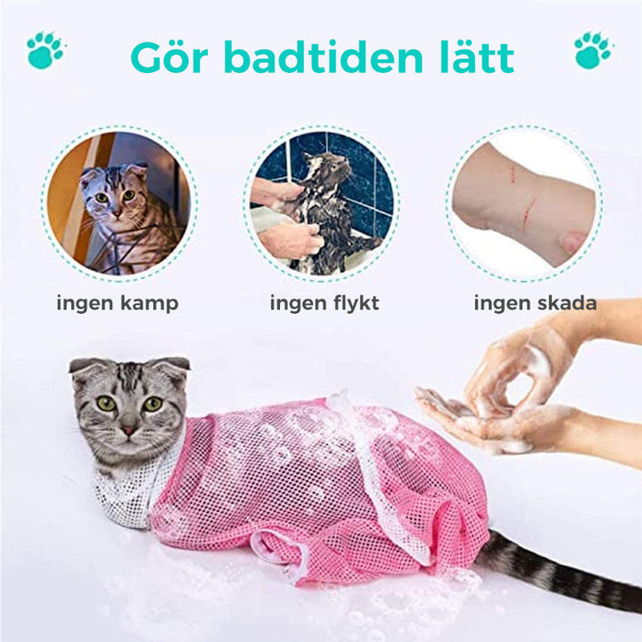 "Flerfunktions badvårdsväska för husdjur, reptåligt nätmaterial, kattbadväska med dragsnören för säker fixering."