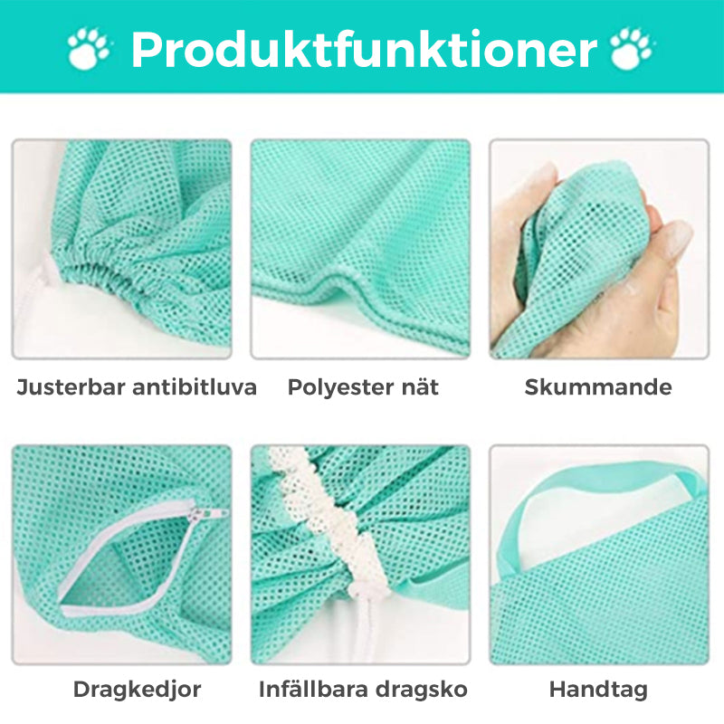 "Flerfunktions badvårdsväska för husdjur, reptåligt nätmaterial, kattbadväska med dragsnören för säker fixering."