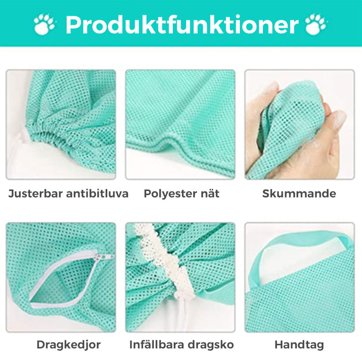 "Flerfunktions badvårdsväska för husdjur, reptåligt nätmaterial, kattbadväska med dragsnören för säker fixering."