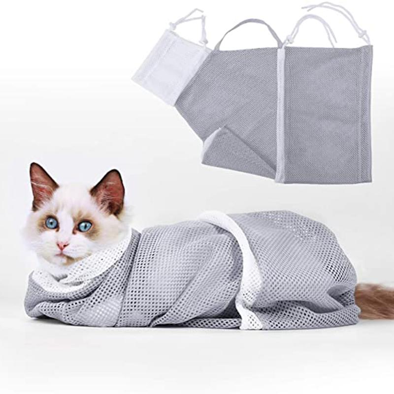 "Flerfunktions badvårdsväska för husdjur, reptåligt nätmaterial, kattbadväska med dragsnören för säker fixering."