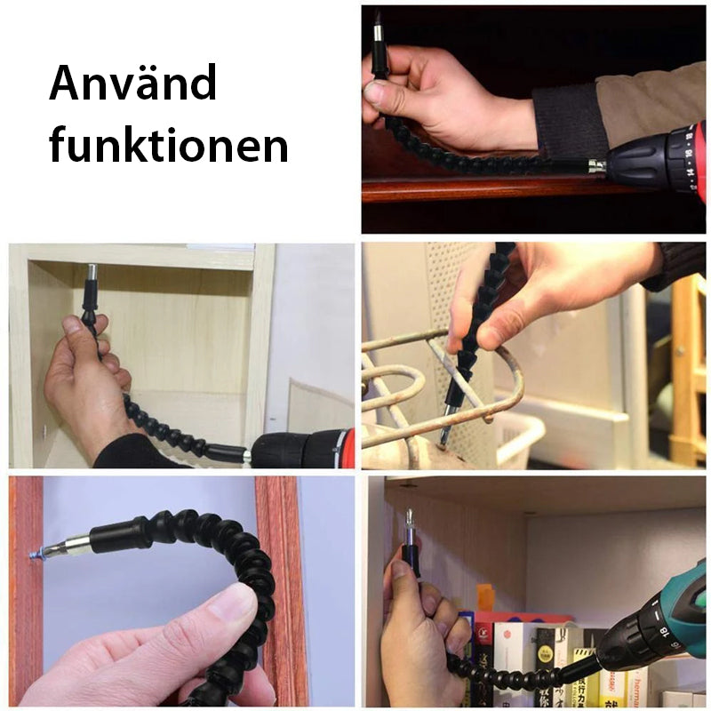 "Flexibel borrförlängare för trånga utrymmen, 30 cm, kolstål och plast, idealisk för skruv- och borrprojekt."