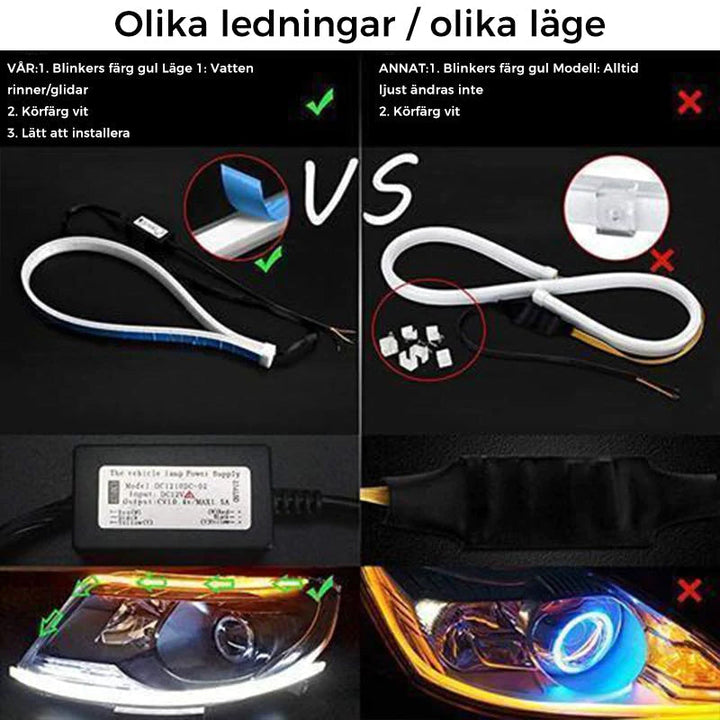 "Flexibel DRL LED-belysning för bil, vit och gul, vattentät och enkel att installera för säker och stilren exteriör."