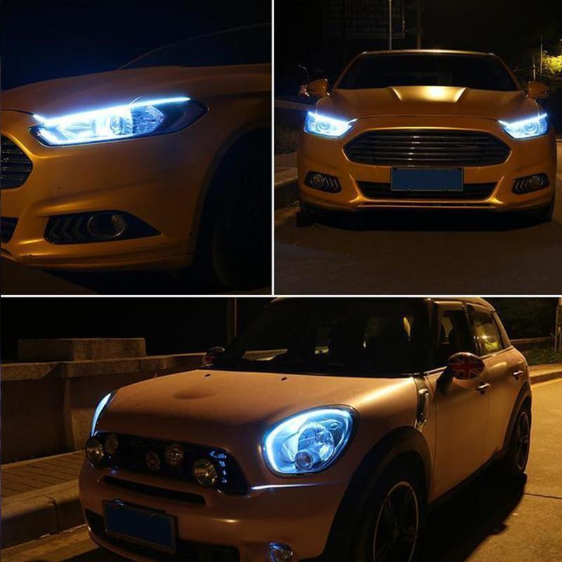 "Flexibel DRL LED-belysning för bil, vit och gul, vattentät och enkel att installera för säker och stilren exteriör."