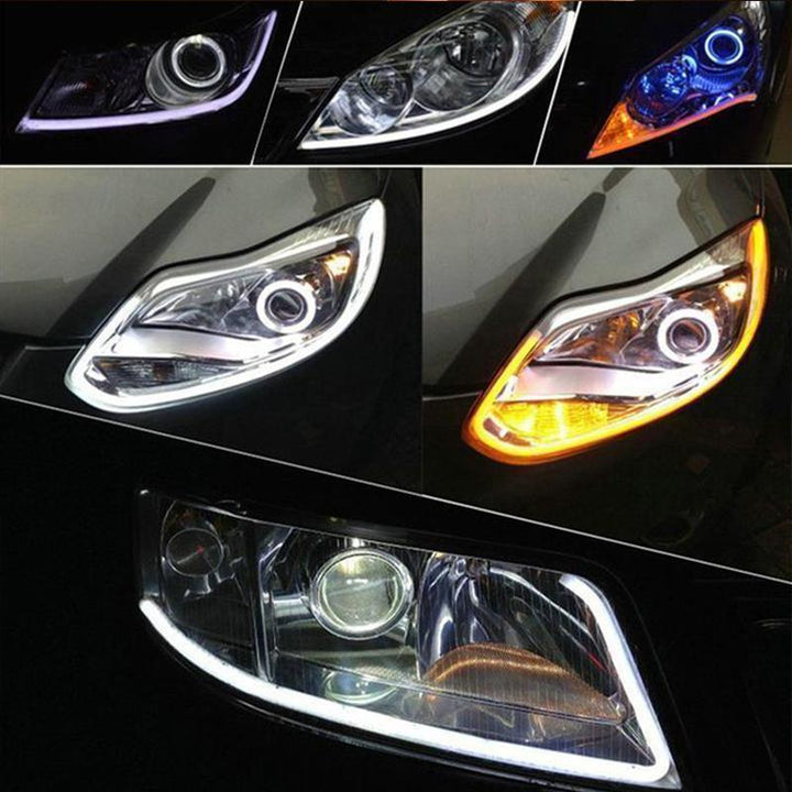 "Flexibel DRL LED-belysning för bil, vit och gul, vattentät och enkel att installera för säker och stilren exteriör."