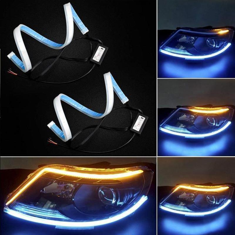 "Flexibel DRL LED-belysning för bil, vit och gul, vattentät och enkel att installera för säker och stilren exteriör."