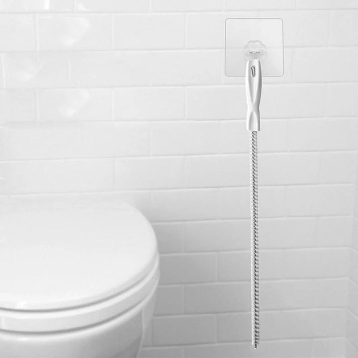 "Flexibel handhållen rörmuddringsborste i vit med ABS-handtag, perfekt för avloppsrengöring i kök och badrum."