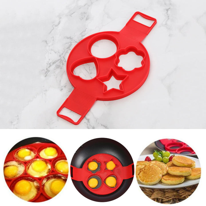 "Flexibel nonstick silikonform i röd för perfekt runda ägg och pannkakor, lätt att använda och rengöra."