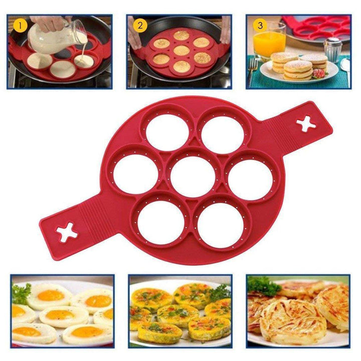 "Flexibel nonstick silikonform i röd för perfekt runda ägg och pannkakor, lätt att använda och rengöra."
