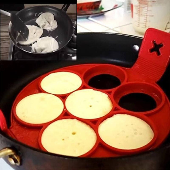 "Flexibel nonstick silikonform i röd för perfekt runda ägg och pannkakor, lätt att använda och rengöra."