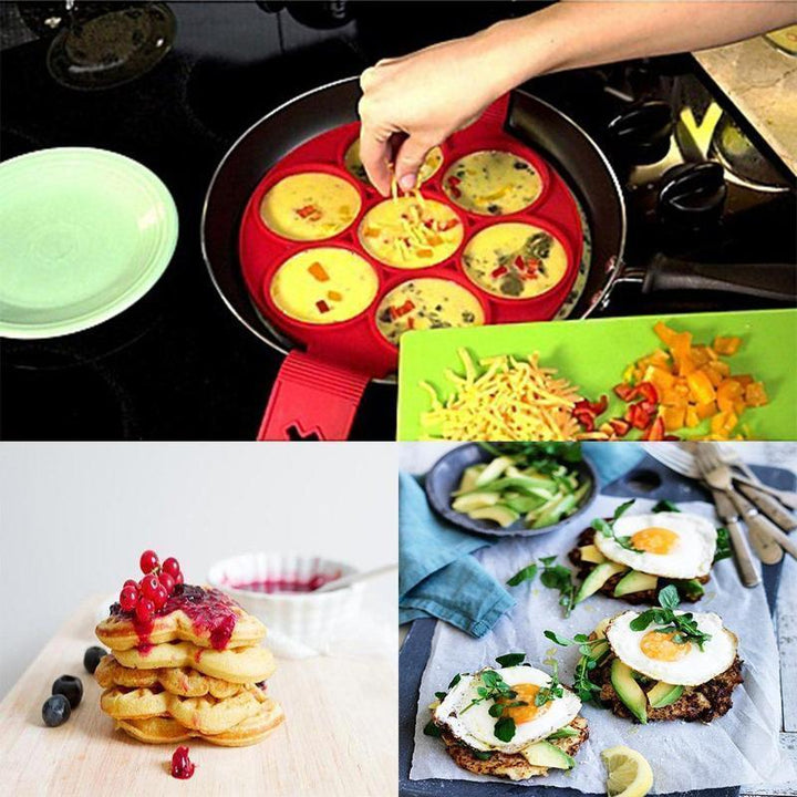 "Flexibel nonstick silikonform i röd för perfekt runda ägg och pannkakor, lätt att använda och rengöra."