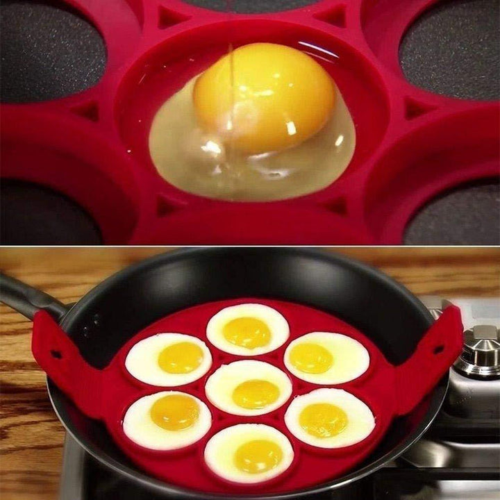 "Flexibel nonstick silikonform i röd för perfekt runda ägg och pannkakor, lätt att använda och rengöra."