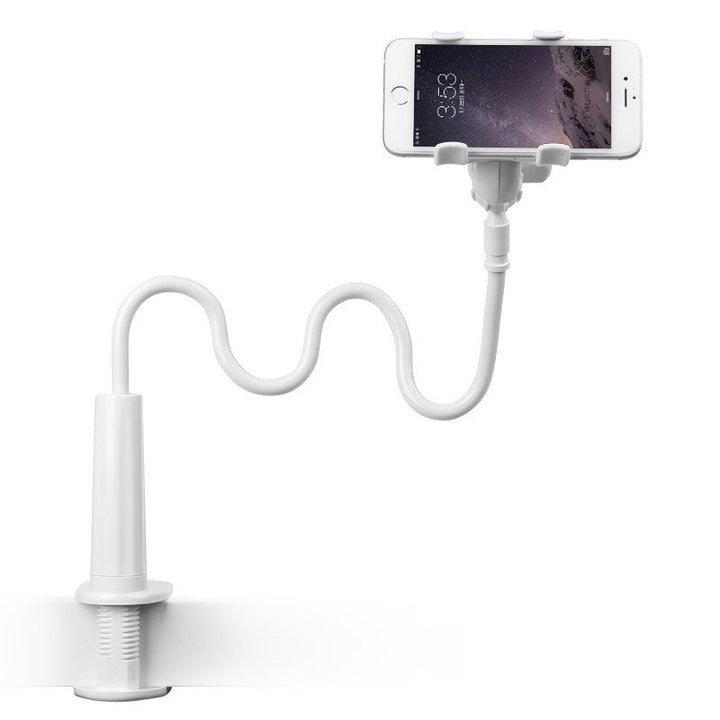 Flexibel, roterbar telefonhållare i svart och vitt, med stark arm och klämma, idealisk för säng och soffa, 360 graders rotati