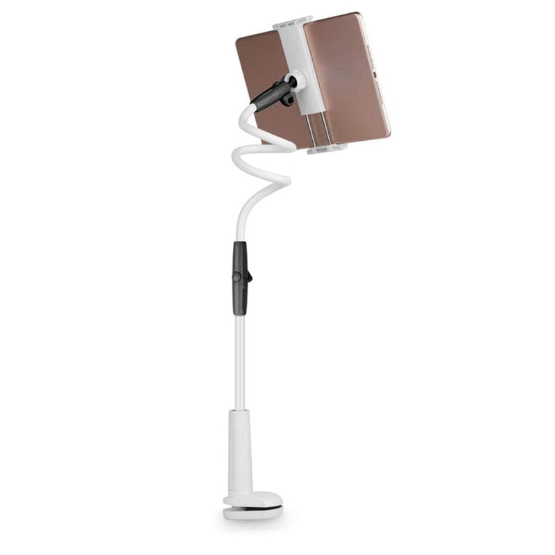 Flexibel, roterbar telefonhållare i svart och vitt, med stark arm och klämma, idealisk för säng och soffa, 360 graders rotati