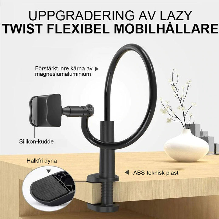 Flexibel, roterbar telefonhållare i svart och vitt, med stark arm och klämma, idealisk för säng och soffa, 360 graders rotati