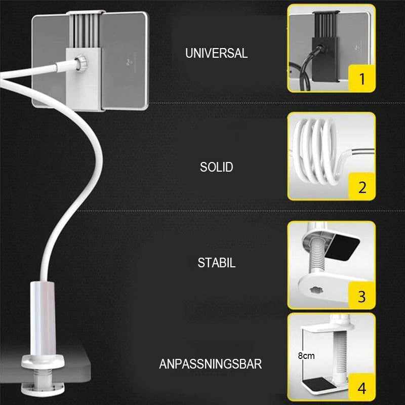 Flexibel, roterbar telefonhållare i svart och vitt, med stark arm och klämma, idealisk för säng och soffa, 360 graders rotati