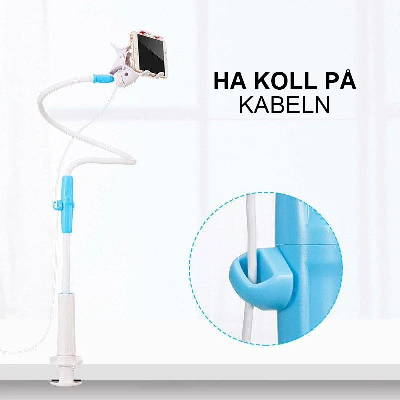 Flexibel, roterbar telefonhållare i svart och vitt, med stark arm och klämma, idealisk för säng och soffa, 360 graders rotati