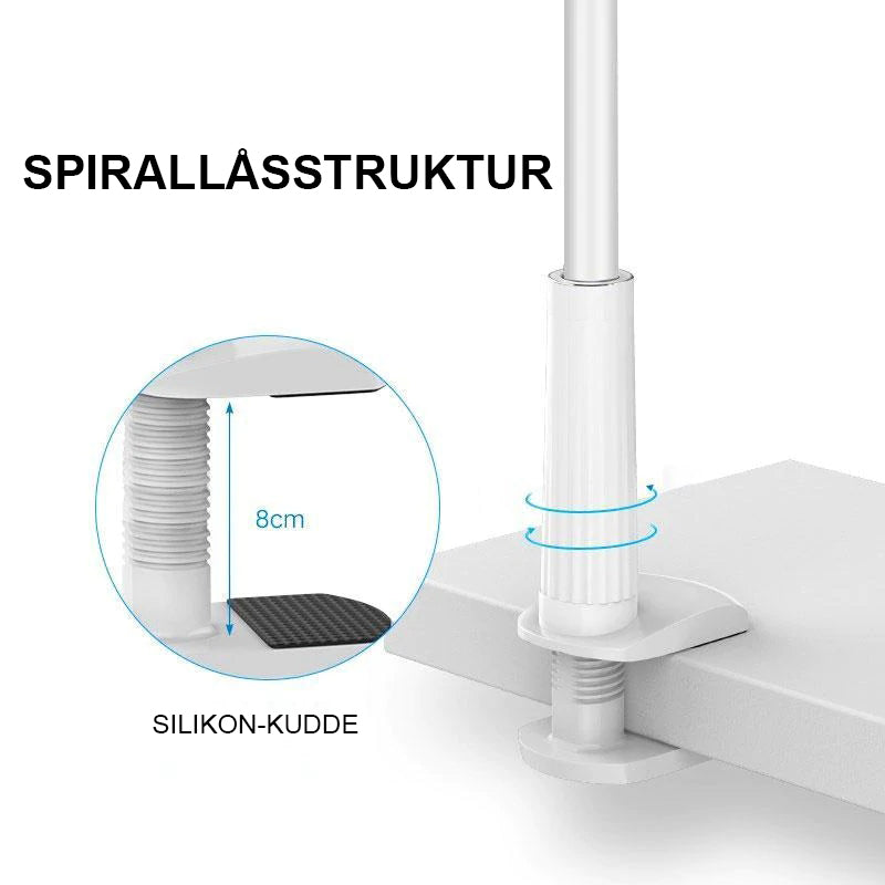 Flexibel, roterbar telefonhållare i svart och vitt, med stark arm och klämma, idealisk för säng och soffa, 360 graders rotati