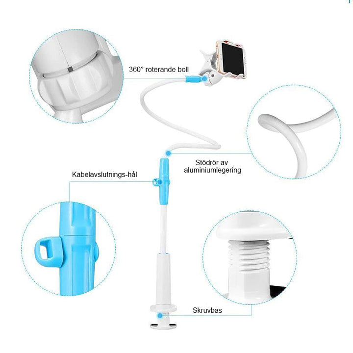 Flexibel, roterbar telefonhållare i svart och vitt, med stark arm och klämma, idealisk för säng och soffa, 360 graders rotati