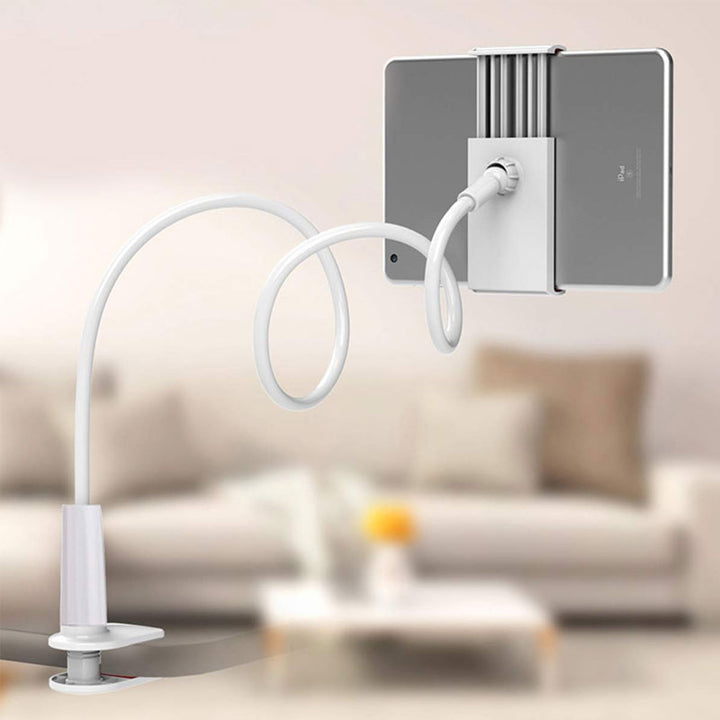 Flexibel, roterbar telefonhållare i svart och vitt, med stark arm och klämma, idealisk för säng och soffa, 360 graders rotati