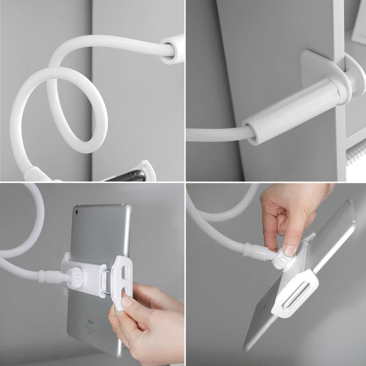 Flexibel, roterbar telefonhållare i svart och vitt, med stark arm och klämma, idealisk för säng och soffa, 360 graders rotati