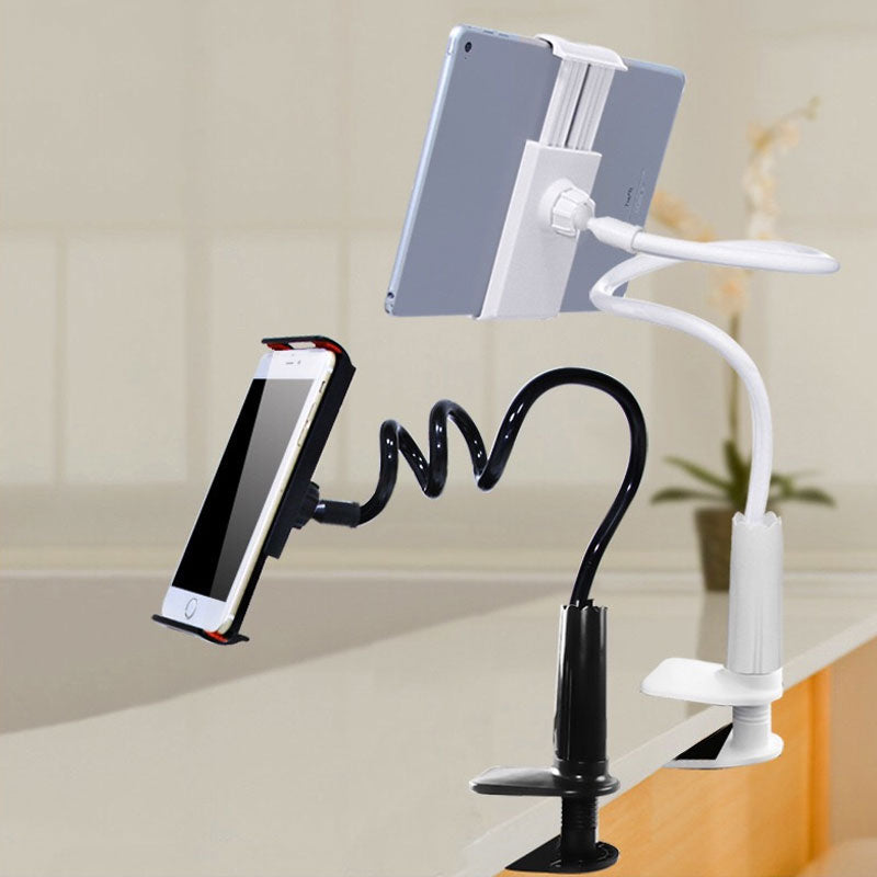 Flexibel, roterbar telefonhållare i svart och vitt, med stark arm och klämma, idealisk för säng och soffa, 360 graders rotati