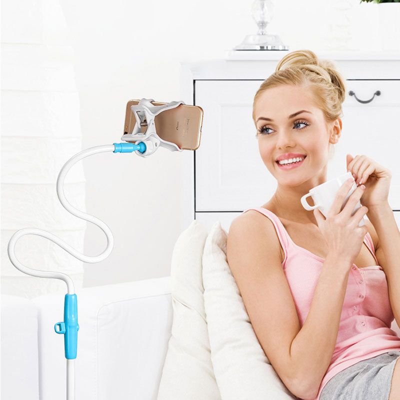Flexibel, roterbar telefonhållare i svart och vitt, med stark arm och klämma, idealisk för säng och soffa, 360 graders rotati