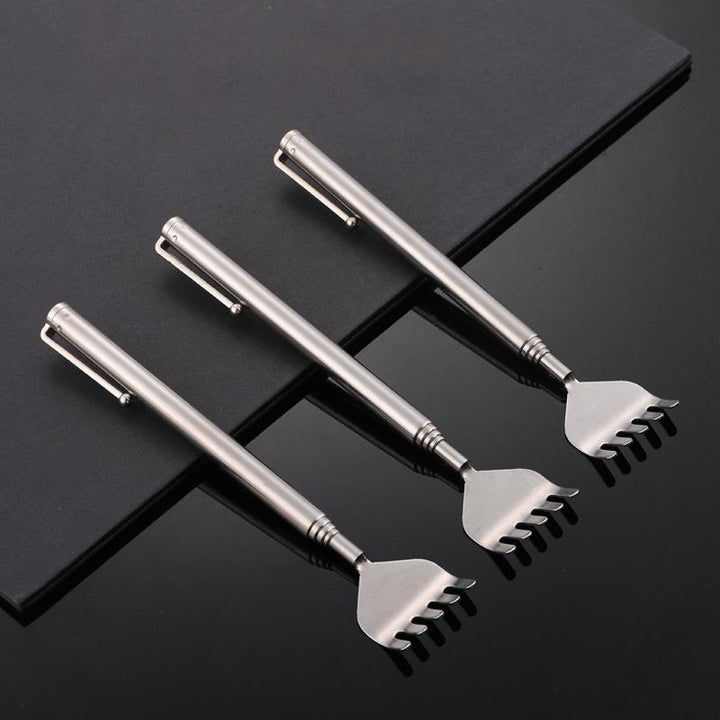 "Flexibel ryggskrapa i rostfritt stål, teleskopisk design med bekvämt handtag för självständig ryggklining."