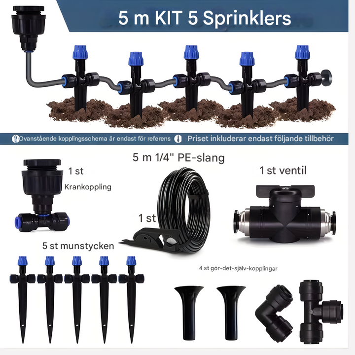Flexibelt trädgårdsbevattningssystem med justerbara sprinklers i en lummig trädgård. Effektiv automatisk bevattning.