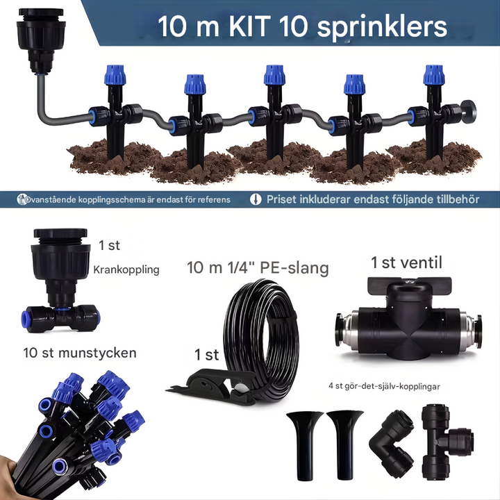 Närbild på justerbar sprinkler från flexibelt bevattningssystem, perfekt för precisionsbevattning av växter.