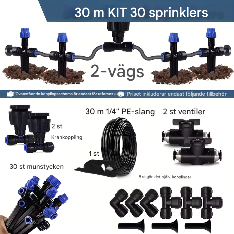 Modulära komponenter för ett flexibelt trädgårdsbevattningssystem. Lätt att installera för optimal bevattning.