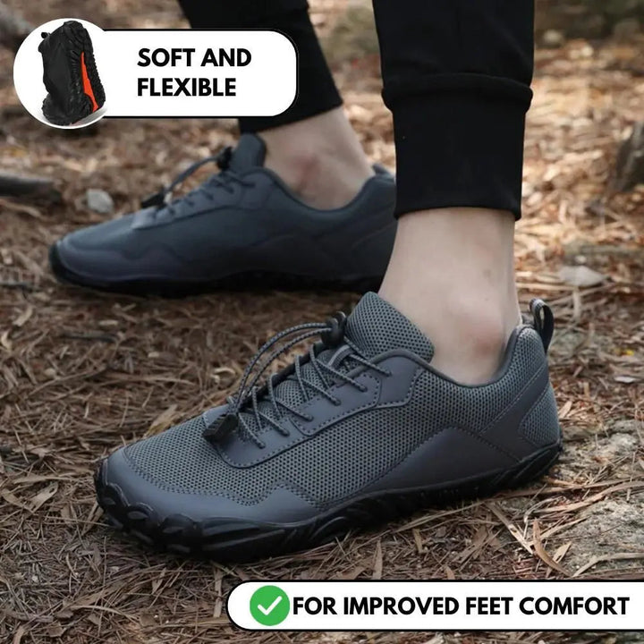 Grå unisex barfotaskor. Bekväma vandringsskor för sport och promenader med flexibel sula.