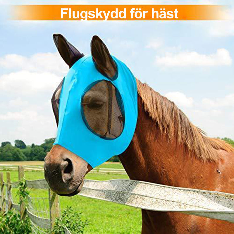 "Flugskydd för häst i blå mesh, ergonomisk passform, UV-skydd, ventilation, perfekt för klar sikt och komfort."