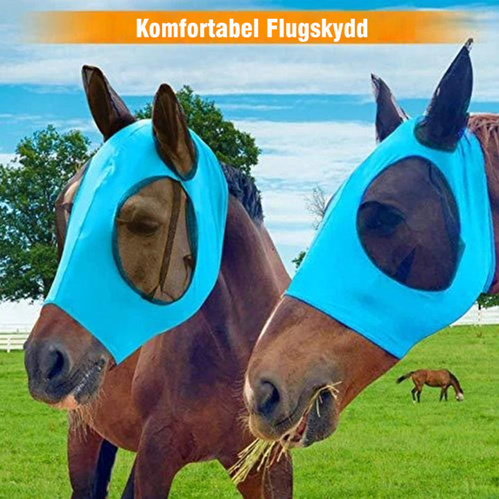 "Flugskydd för häst i blå mesh, ergonomisk passform, UV-skydd, ventilation, perfekt för klar sikt och komfort."