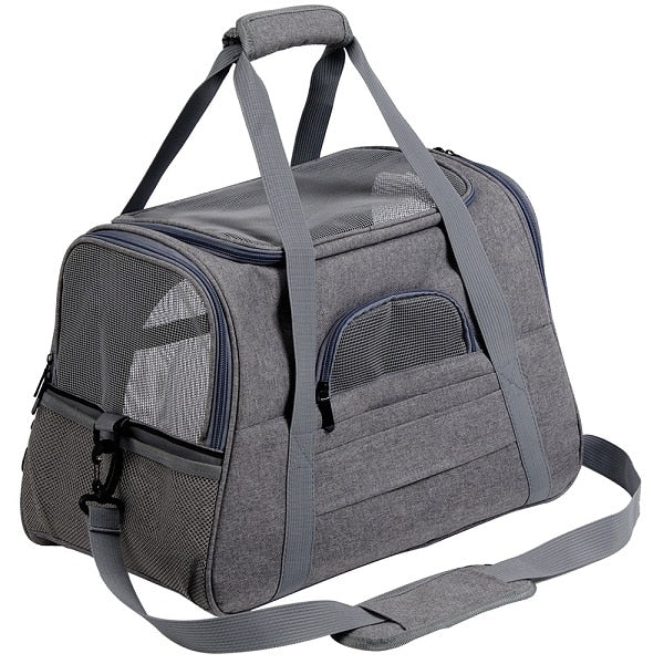 Robust flygväska i polyester, blå, säker för husdjur under resa, smart design, portabel.