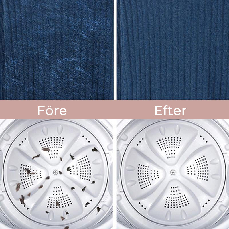 "Flytande husdjurshårfångare, blå färg, flyter ovanför kläderna i tvättmaskin för att samla djurhår effektivt."