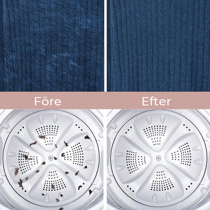 "Flytande husdjurshårfångare, blå färg, flyter ovanför kläderna i tvättmaskin för att samla djurhår effektivt."