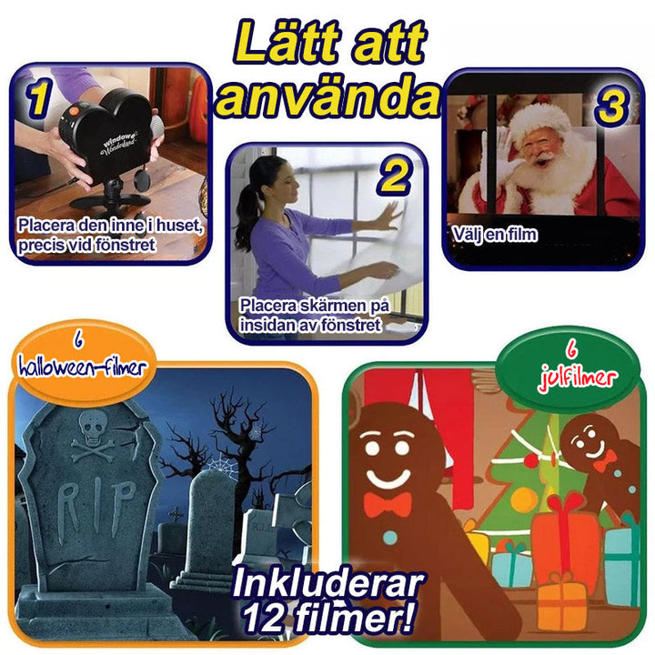 "Fönsterprojektor med justerbart stativ för Halloween och jul, projektioner med 12 teman, hög ljusstyrka och stor duk."