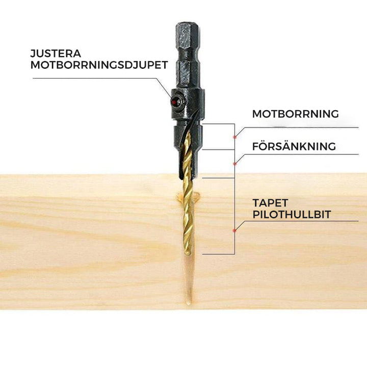 Försänkningsborrbitar premium set med HSS-stål, kombinerar borrning och försänkning. Perfekt för DIY och proffsprojekt.