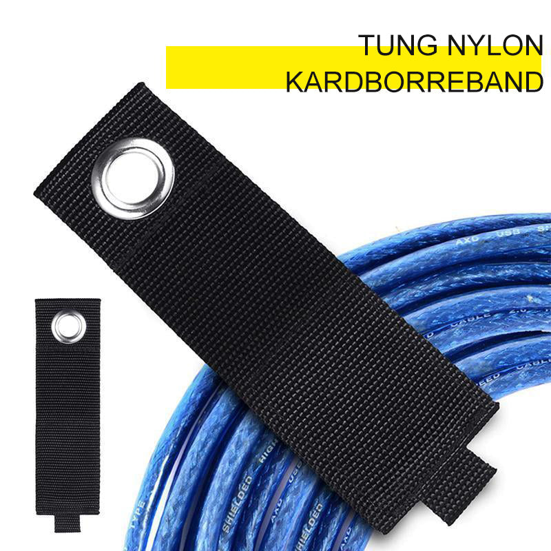 Förvaringsband i nylon med kardborre för effektiv organisering av kablar och slangar, idealisk för garage och verkstad.