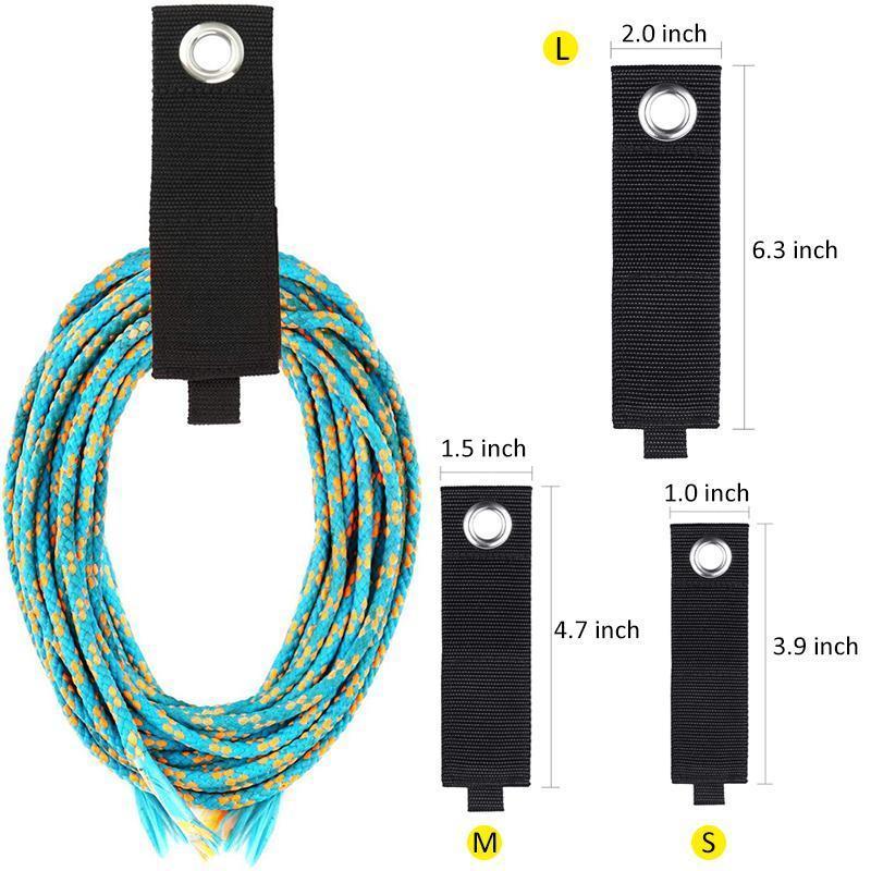 Förvaringsband i nylon med kardborre för effektiv organisering av kablar och slangar, idealisk för garage och verkstad.