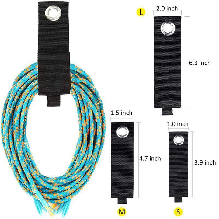 Förvaringsband i nylon med kardborre för effektiv organisering av kablar och slangar, idealisk för garage och verkstad.