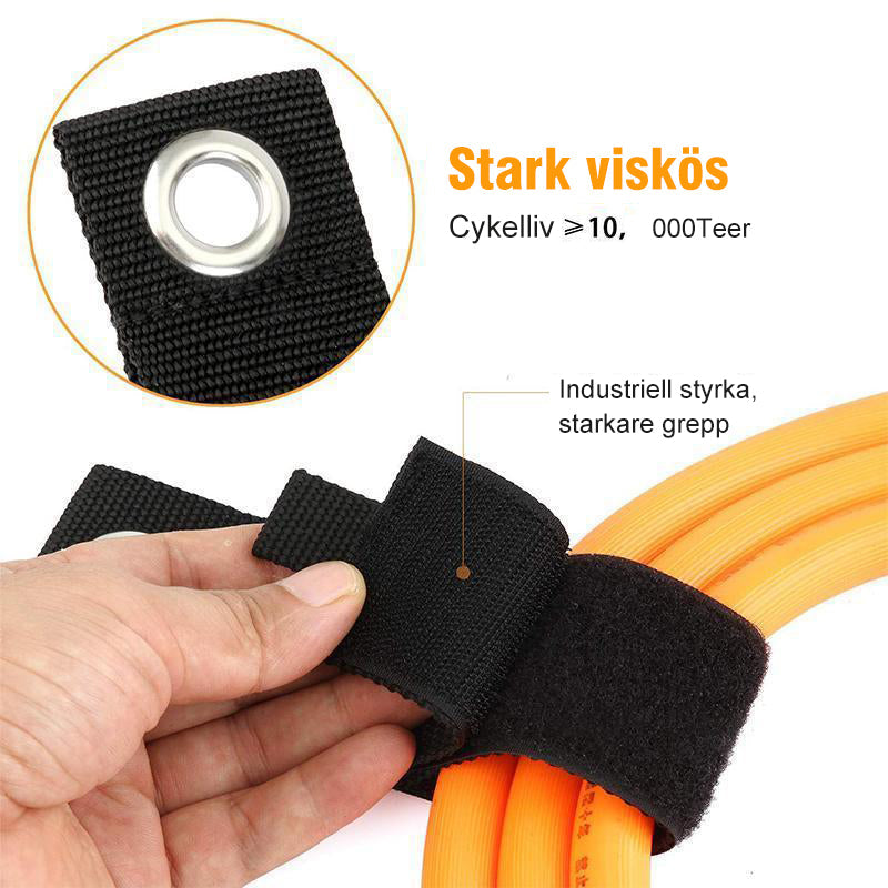 Förvaringsband i nylon med kardborre för effektiv organisering av kablar och slangar, idealisk för garage och verkstad.