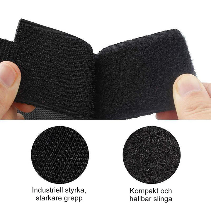 Förvaringsband i nylon med kardborre för effektiv organisering av kablar och slangar, idealisk för garage och verkstad.