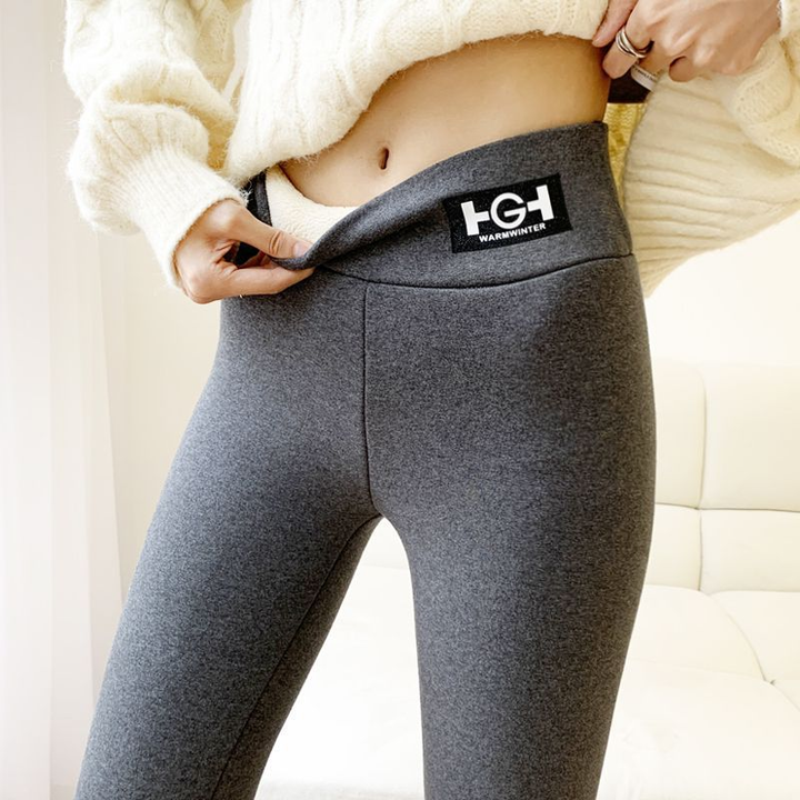 "Framsida av kvinnors varma fleecefodrade leggings, hög midja och elegant design för kallt väderkomfort."