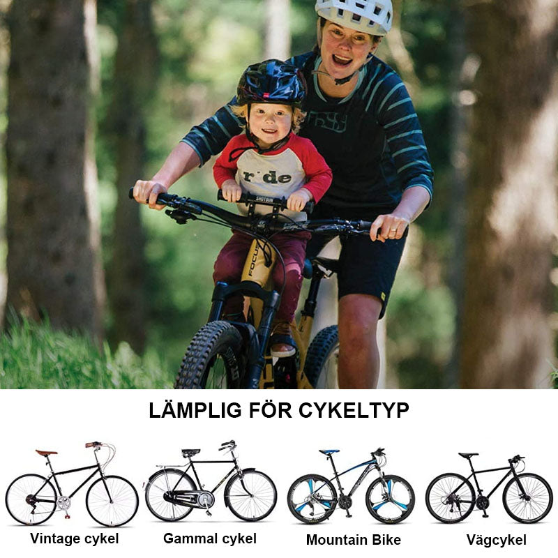 "Frontmonterad barnsadel och styre för cykling, svart, med justerbar design för säkerhet och komfort vid familjeturer"