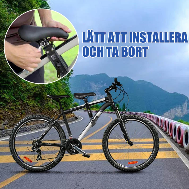 "Frontmonterad barnsadel och styre för cykling, svart, med justerbar design för säkerhet och komfort vid familjeturer"