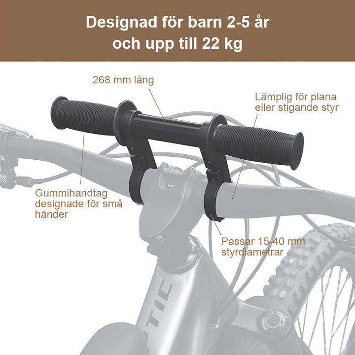"Frontmonterad barnsadel och styre för cykling, svart, med justerbar design för säkerhet och komfort vid familjeturer"