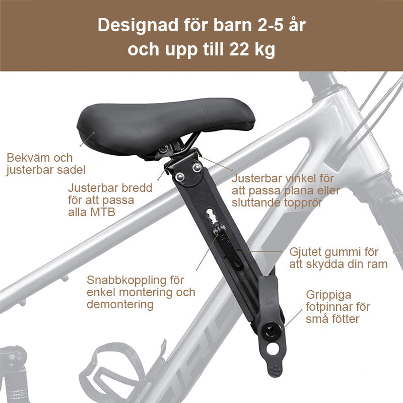 "Frontmonterad barnsadel och styre för cykling, svart, med justerbar design för säkerhet och komfort vid familjeturer"